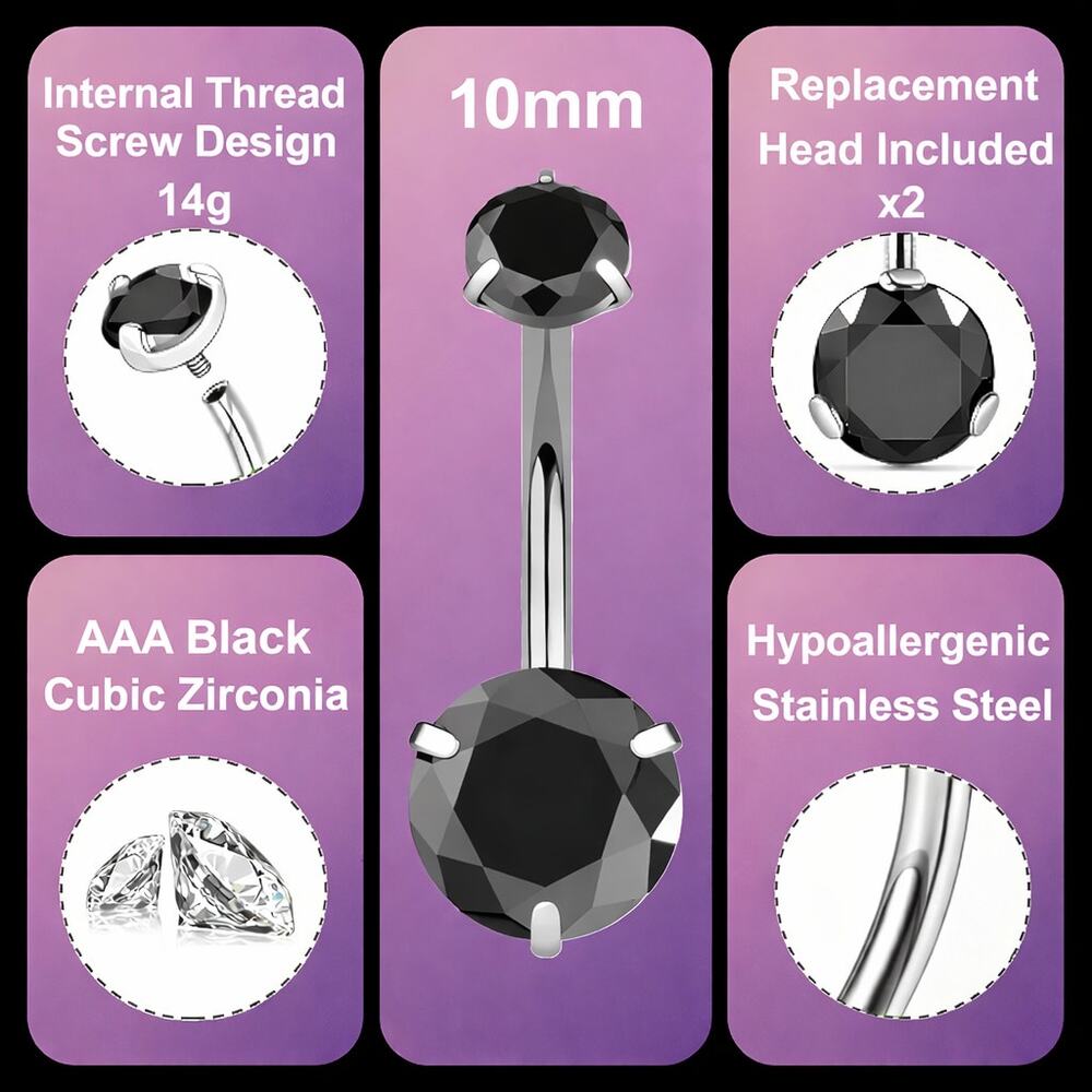10mm Stainless Curved Belly Button Ring Threaded Black CZ Jewelry Extra Head 14g